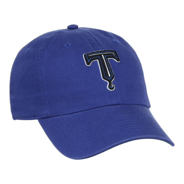 The Tulsa Drillers MiLB Dad Ballcap by Ebbets Field is a blue baseball cap with a stylized black and white embroidered letter T on the front.