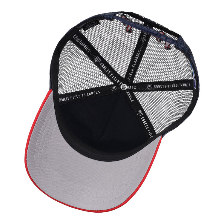 The underside of the Nashville Sounds MiLB Logo Wordmark Trucker Ballcap by Ebbets Field features black mesh panels, a gray brim with a red edge, and black interior taping labeled Ebbets Field Flannels.