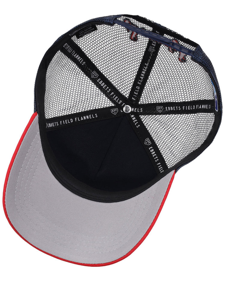 The underside of the Nashville Sounds MiLB Logo Wordmark Trucker Ballcap by Ebbets Field features black mesh panels, a gray brim with a red edge, and black interior taping labeled Ebbets Field Flannels.
