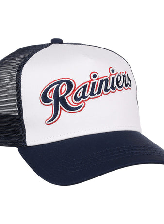 The Ebbets Field Seattle Rainiers MiLB Trucker Ballcap features a white front panel, navy blue brim and mesh back, with 