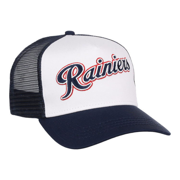 The Ebbets Field Seattle Rainiers MiLB Trucker Ballcap features a white front panel, navy blue brim and mesh back, with 