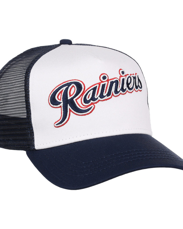 The Ebbets Field Seattle Rainiers MiLB Trucker Ballcap features a white front panel, navy blue brim and mesh back, with 
