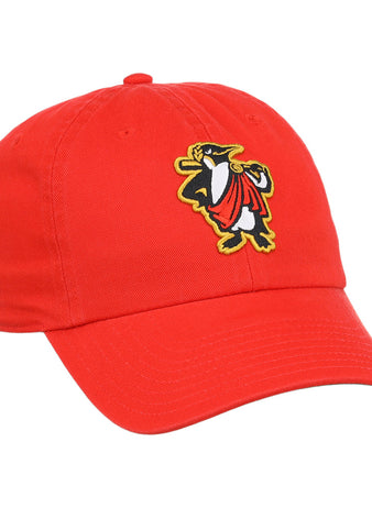 The Rome Emperors MiLB Dad Ballcap by Ebbets Field is a red baseball cap featuring an embroidered cartoon penguin with a red scarf and yellow shoes on the front.