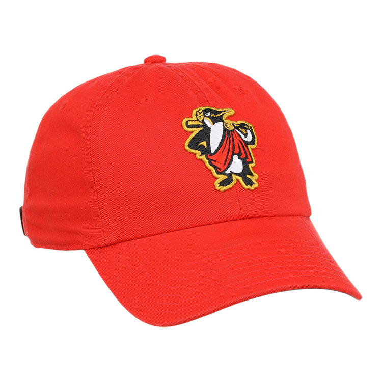 The Rome Emperors MiLB Dad Ballcap by Ebbets Field is a red baseball cap featuring an embroidered cartoon penguin with a red scarf and yellow shoes on the front.