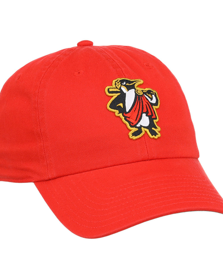 The Rome Emperors MiLB Dad Ballcap by Ebbets Field is a red baseball cap featuring an embroidered cartoon penguin with a red scarf and yellow shoes on the front.