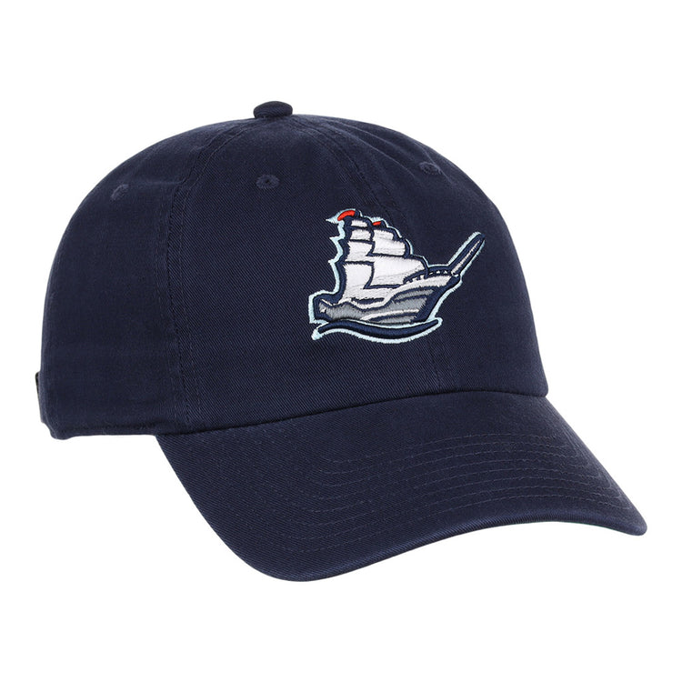 The Ebbets Field Columbus Clippers MiLB Dad Ballcap is a navy blue cap with an embroidered white sailing ship and red flags on the front panel.