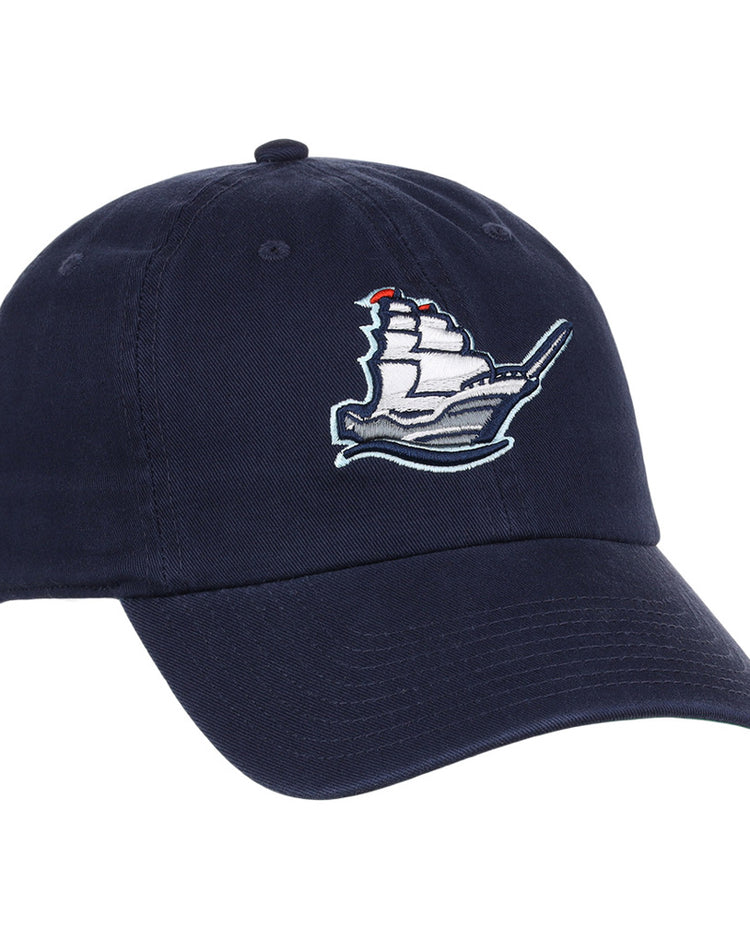 The Ebbets Field Columbus Clippers MiLB Dad Ballcap is a navy blue cap with an embroidered white sailing ship and red flags on the front panel.
