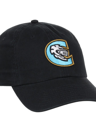 The Ebbets Field Charlotte Knights MiLB Dad Ballcap is a black cap featuring an embroidered knight’s helmet inside a blue and gold 