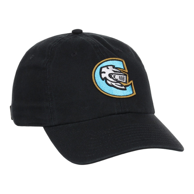 The Ebbets Field Charlotte Knights MiLB Dad Ballcap is a black cap featuring an embroidered knight’s helmet inside a blue and gold 