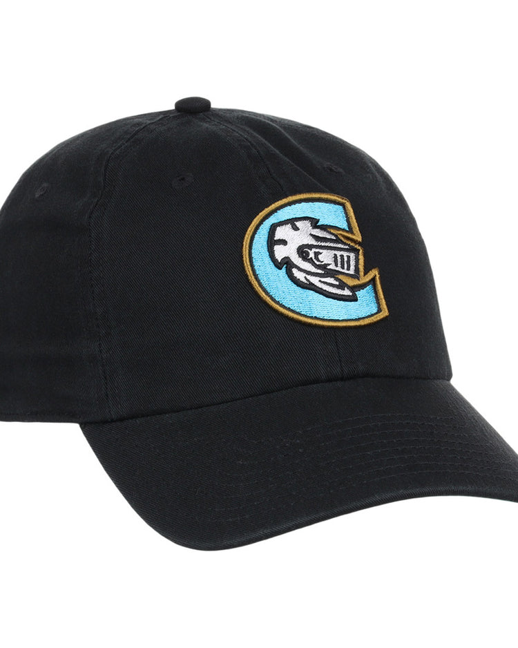 The Ebbets Field Charlotte Knights MiLB Dad Ballcap is a black cap featuring an embroidered knight’s helmet inside a blue and gold 