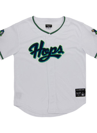 The Ebbets Field Hillsboro Hops MiLB Button Down Jersey is a white jersey with 