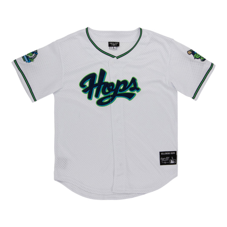 The Ebbets Field Hillsboro Hops MiLB Button Down Jersey is a white jersey with 