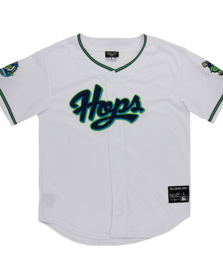 The Ebbets Field Hillsboro Hops MiLB Button Down Jersey is a white jersey with 