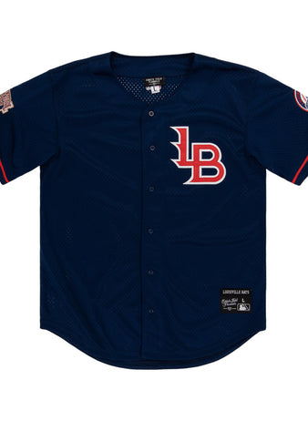 The Ebbets Field Louisville Bats MiLB Button Down Jersey is navy blue with a red and white 
