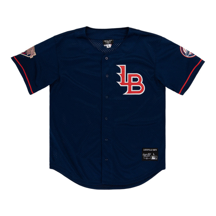 The Ebbets Field Louisville Bats MiLB Button Down Jersey is navy blue with a red and white 
