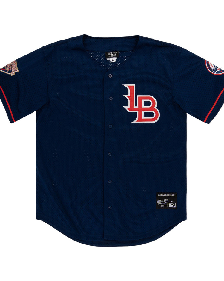 The Ebbets Field Louisville Bats MiLB Button Down Jersey is navy blue with a red and white 