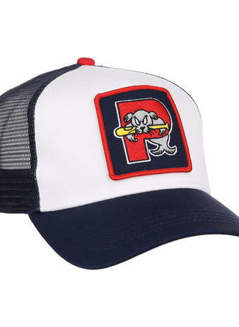 The Ebbets Field Portland Sea Dogs MiLB Trucker Ballcap features a white front, navy blue bill and mesh back, plus a patch with a stylized fish holding a bat inside a red-bordered 