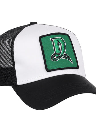 The Ebbets Field Dayton Dragons MiLB Trucker Ballcap is a black and white hat with a green patch featuring a stylized letter D on the front, curved bill, and black mesh back panels.