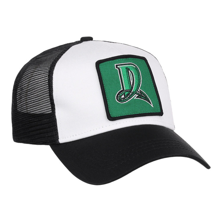 The Ebbets Field Dayton Dragons MiLB Trucker Ballcap is a black and white hat with a green patch featuring a stylized letter D on the front, curved bill, and black mesh back panels.