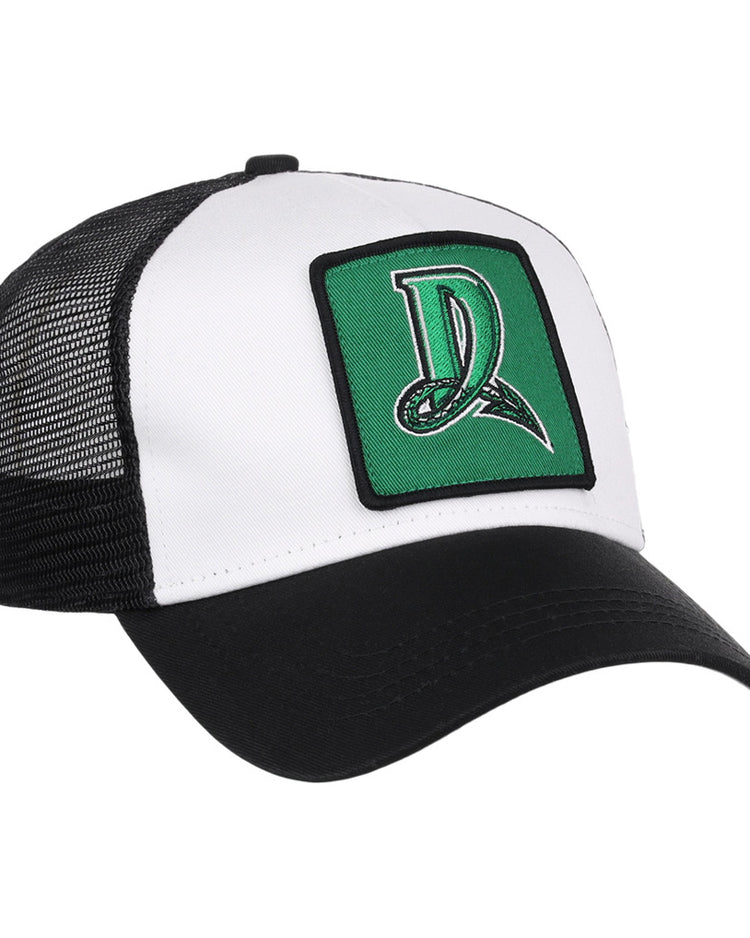 The Ebbets Field Dayton Dragons MiLB Trucker Ballcap is a black and white hat with a green patch featuring a stylized letter D on the front, curved bill, and black mesh back panels.