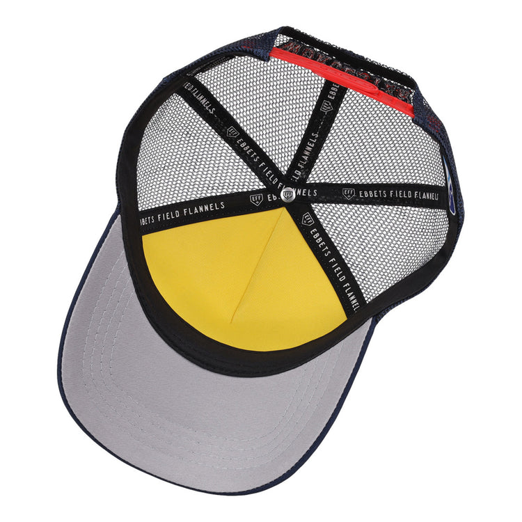 The inside of the Worcester Red Sox MiLB Trucker Ballcap by Ebbets Field shows a gray brim, yellow front panel, black mesh sides, and black internal bands labeled EBBETS FIELD FLANNELS.