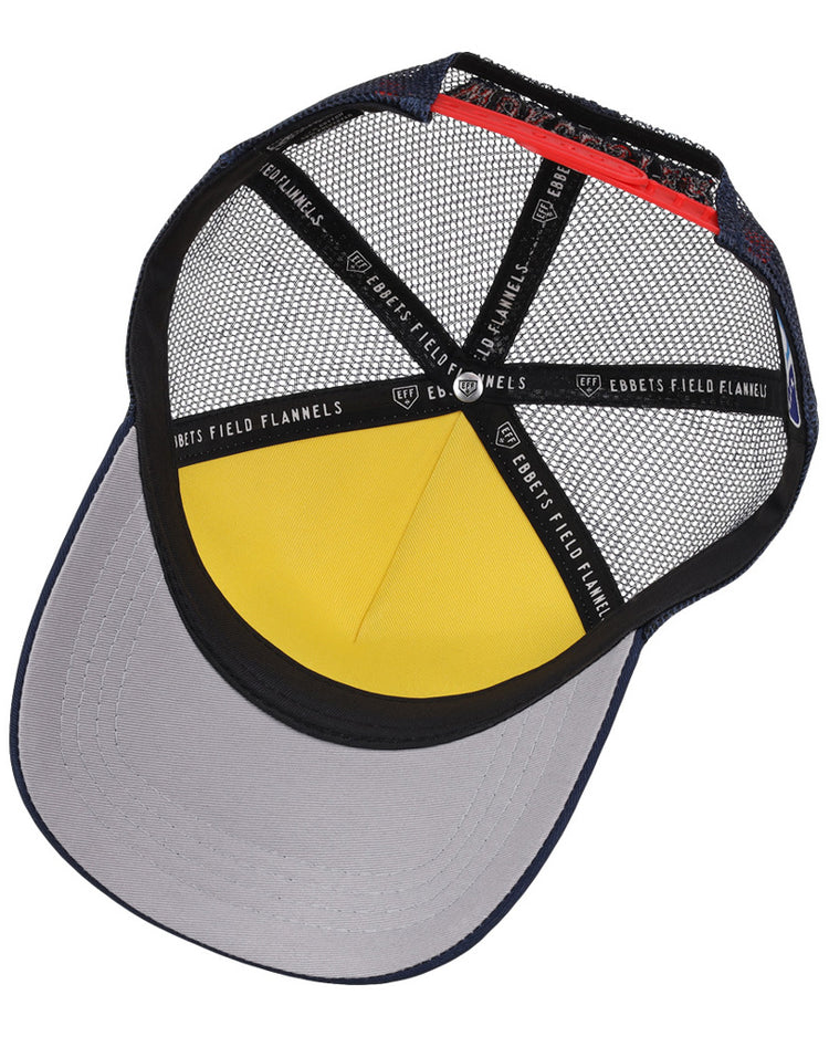 The inside of the Worcester Red Sox MiLB Trucker Ballcap by Ebbets Field shows a gray brim, yellow front panel, black mesh sides, and black internal bands labeled EBBETS FIELD FLANNELS.