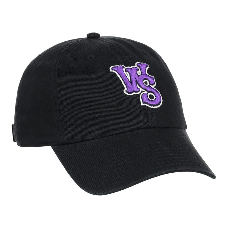 The Ebbets Field Winston-Salem Dash MiLB Dad Ballcap is a black cap featuring unique inverted “WS” letters in purple and white embroidery on the front.