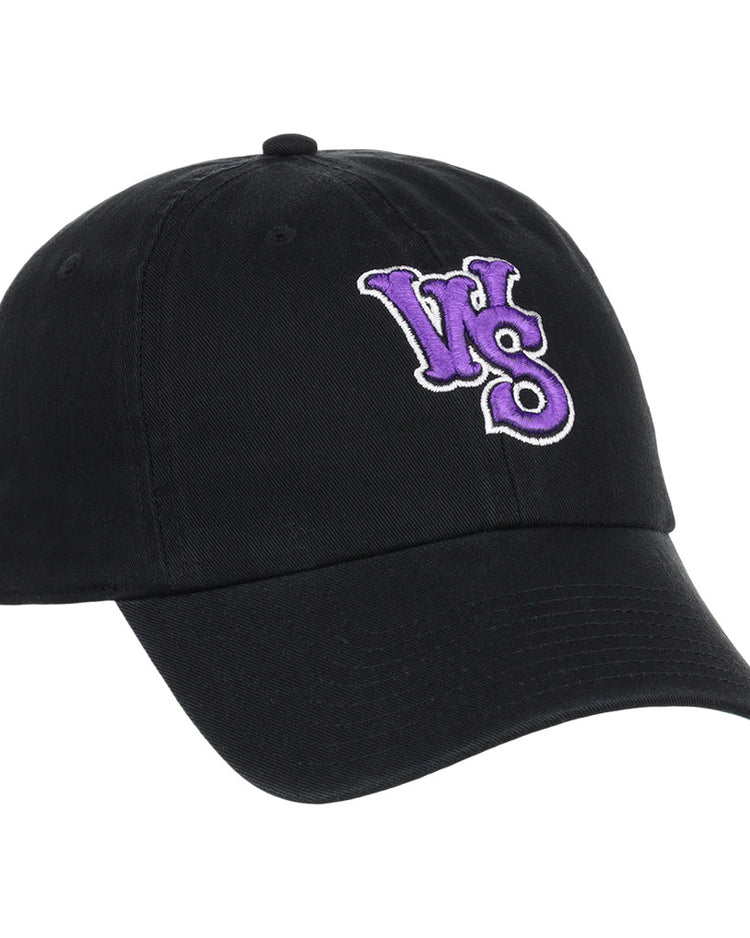 The Ebbets Field Winston-Salem Dash MiLB Dad Ballcap is a black cap featuring unique inverted “WS” letters in purple and white embroidery on the front.