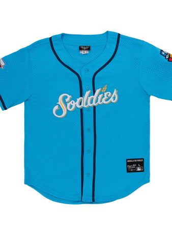 The Ebbets Field Amarillo Sod Poodles MiLB Button Down Jersey features bright blue fabric, 