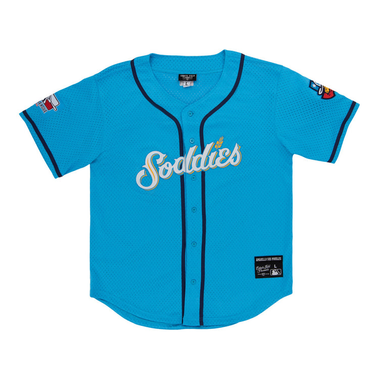 The Ebbets Field Amarillo Sod Poodles MiLB Button Down Jersey features bright blue fabric, 