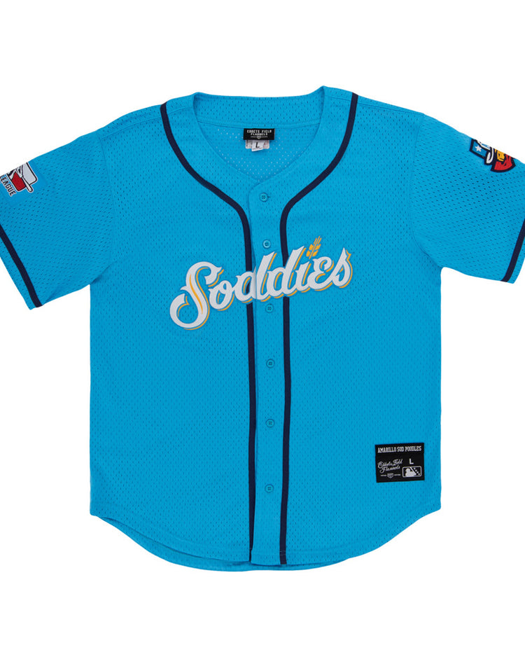 The Ebbets Field Amarillo Sod Poodles MiLB Button Down Jersey features bright blue fabric, 