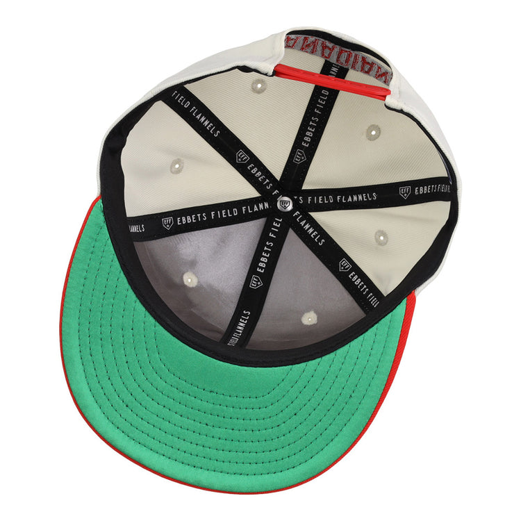 The underside of the Vancouver Canadians MiLB Snapback Ballcap by Ebbets Field features a green brim, red trim, cream interior, and black taping labeled 