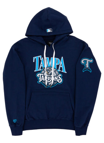 The Ebbets Field Tampa Tarpoons MiLB Cotton Hooded Sweatshirt features TAMPA TARPONS text and mascot logo on the chest, a fish tail logo on the left sleeve, a small logo on the right wrist, white drawstrings, and a front pocket.