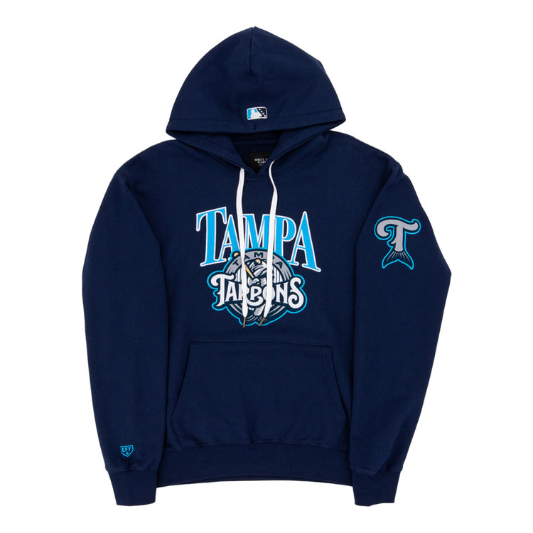 The Ebbets Field Tampa Tarpoons MiLB Cotton Hooded Sweatshirt features TAMPA TARPONS text and mascot logo on the chest, a fish tail logo on the left sleeve, a small logo on the right wrist, white drawstrings, and a front pocket.