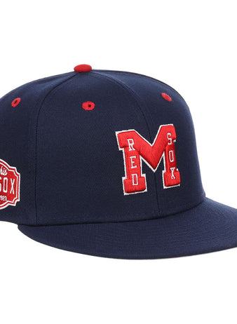The Ebbets Field Memphis Red Sox NLB Varsity Fitted Ballcap features a navy base, red “M” and RED SOX embroidery on the front, red top accents, and a Memphis Red Sox patch on the side.