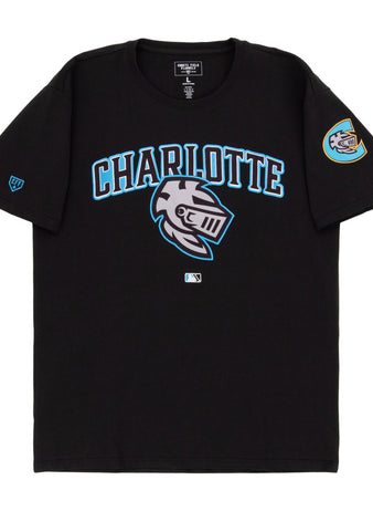 The Ebbets Field Charlotte Knights MiLB Fashion Cotton Short Sleeve Tee is a black T-shirt with 