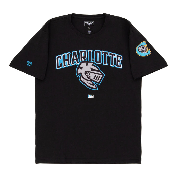 The Ebbets Field Charlotte Knights MiLB Fashion Cotton Short Sleeve Tee is a black T-shirt with 