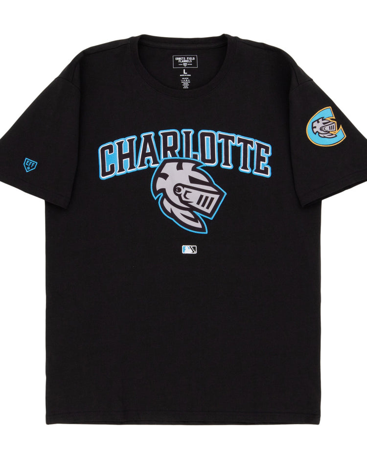 The Ebbets Field Charlotte Knights MiLB Fashion Cotton Short Sleeve Tee is a black T-shirt with 