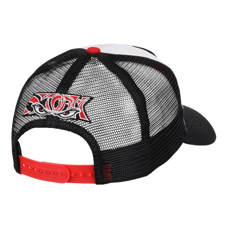 The Lake Elsinore Storm MiLB Trucker Ballcap by Ebbets Field is a black mesh hat with a red adjustable strap and a colorful embroidered patch of stylized eyes and bold lettering on the back. The front and bill are partially visible.