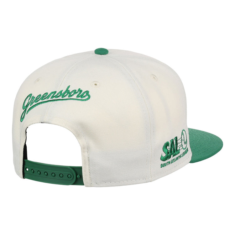 The Ebbets Field Greensboro Grasshoppers MiLB Snapback Ballcap features a white and green design, 