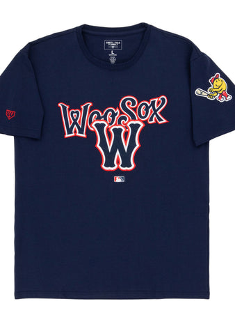 The Ebbets Field Worcester Red Sox MiLB Fashion Cotton Short Sleeve Tee is navy blue with 