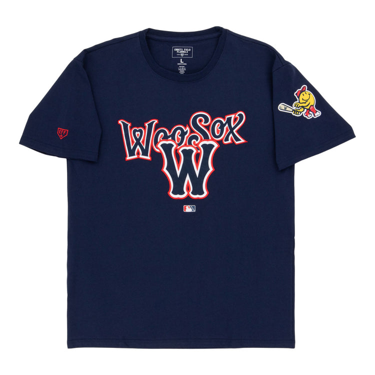 The Ebbets Field Worcester Red Sox MiLB Fashion Cotton Short Sleeve Tee is navy blue with 