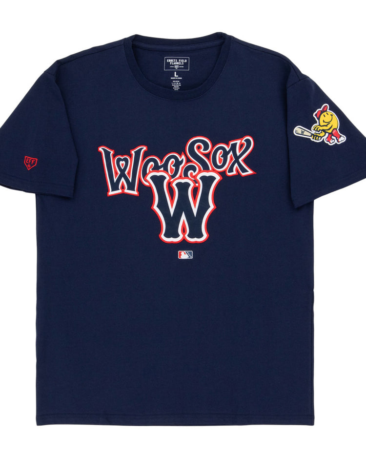 The Ebbets Field Worcester Red Sox MiLB Fashion Cotton Short Sleeve Tee is navy blue with 