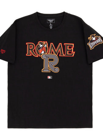 The Ebbets Field Rome Emperors MiLB Fashion Cotton Short Sleeve Tee is a black shirt with bold ROME text, a bear head, a large 
