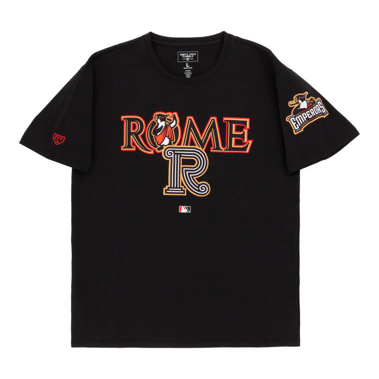 The Ebbets Field Rome Emperors MiLB Fashion Cotton Short Sleeve Tee is a black shirt with bold ROME text, a bear head, a large 