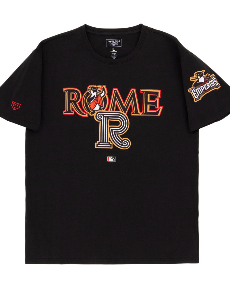 The Ebbets Field Rome Emperors MiLB Fashion Cotton Short Sleeve Tee is a black shirt with bold ROME text, a bear head, a large 