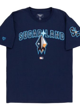 The Ebbets Field Sugarland Space Cowboys MiLB Fashion Cotton Short Sleeve Tee is navy blue with 