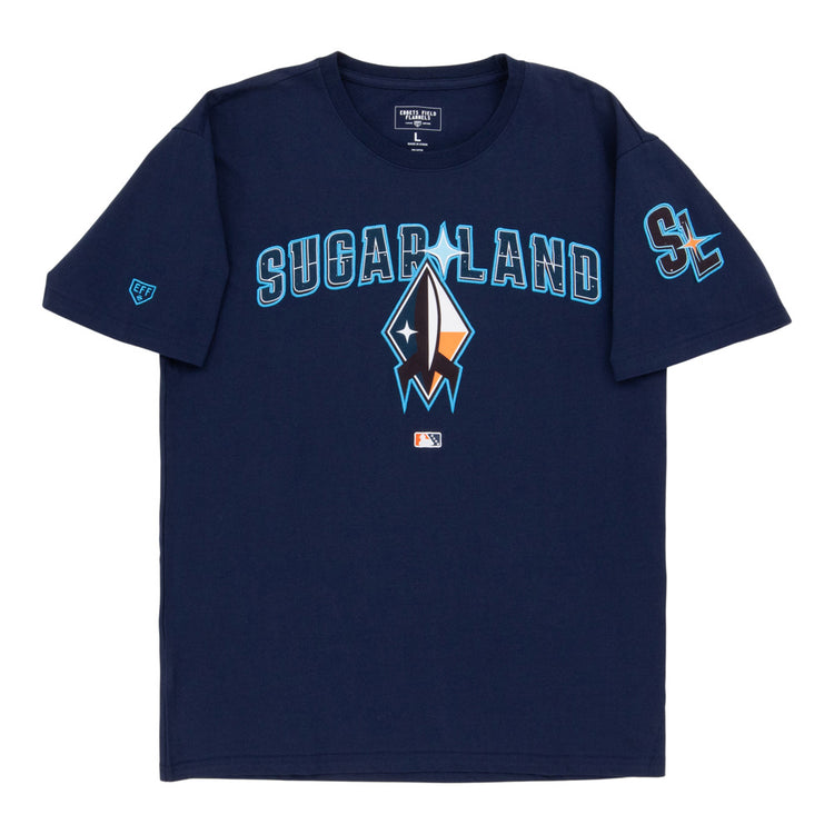 The Ebbets Field Sugarland Space Cowboys MiLB Fashion Cotton Short Sleeve Tee is navy blue with 
