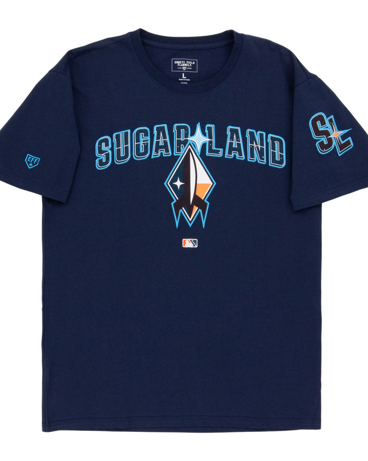 The Ebbets Field Sugarland Space Cowboys MiLB Fashion Cotton Short Sleeve Tee is navy blue with 