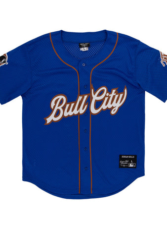 The Ebbets Field Durham Bulls MiLB Button Down Jersey is a blue jersey with brown trim, 